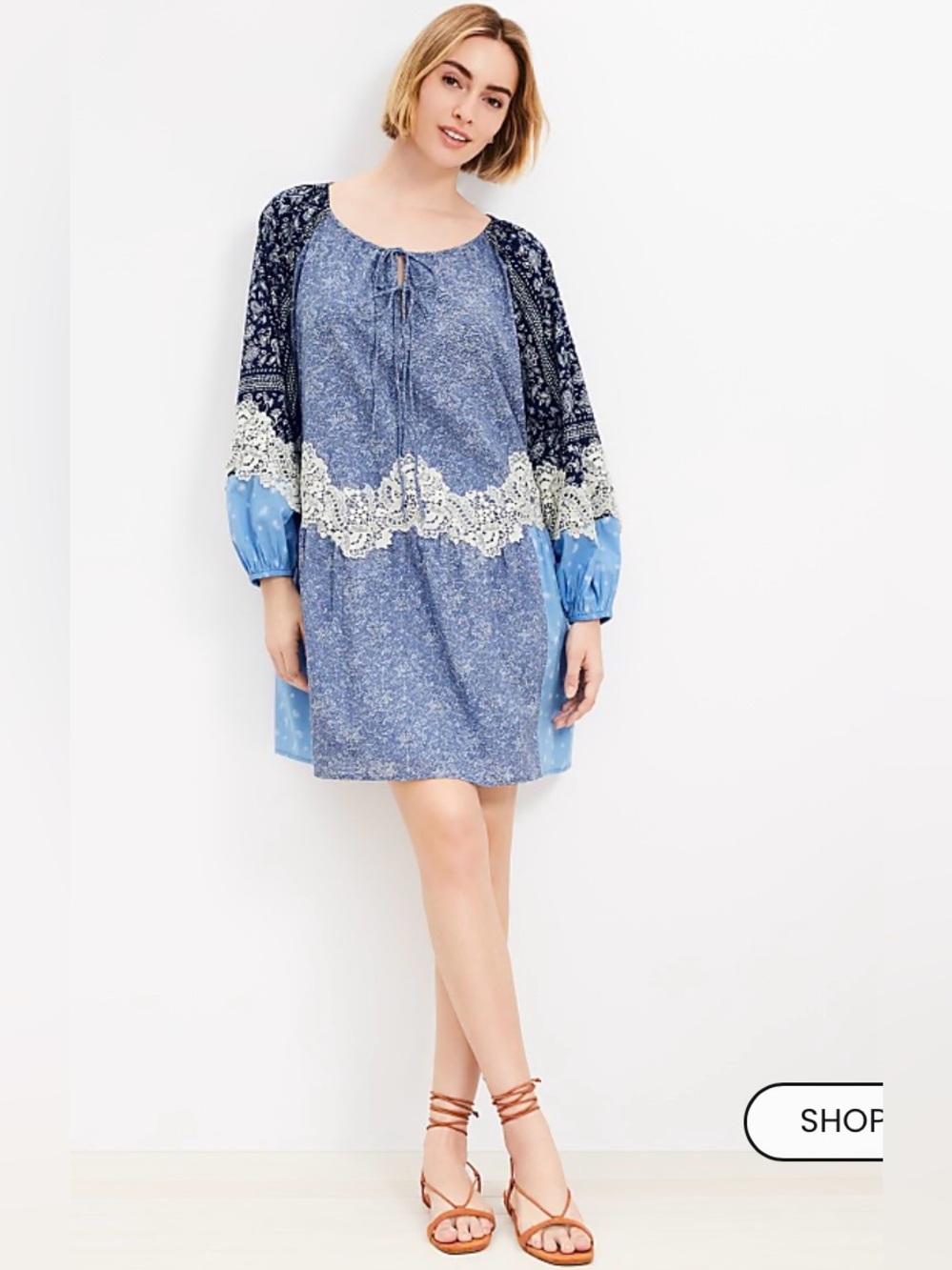 Loft Sapphire Blue Lace/ Mix Paisley Floral Patchwork Pattern Cottage-core Dress